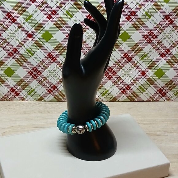 Hand Made Turquoise & Silver Tone Beaded Bracelet Fashion Jewelry #49 - Picture 8 of 8